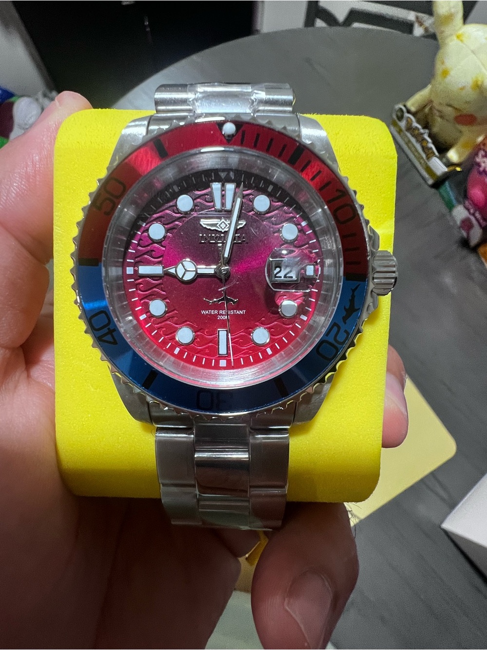 Invicta Stainless Steel Dive Watch with Red Dial and Two-Tone Bezel